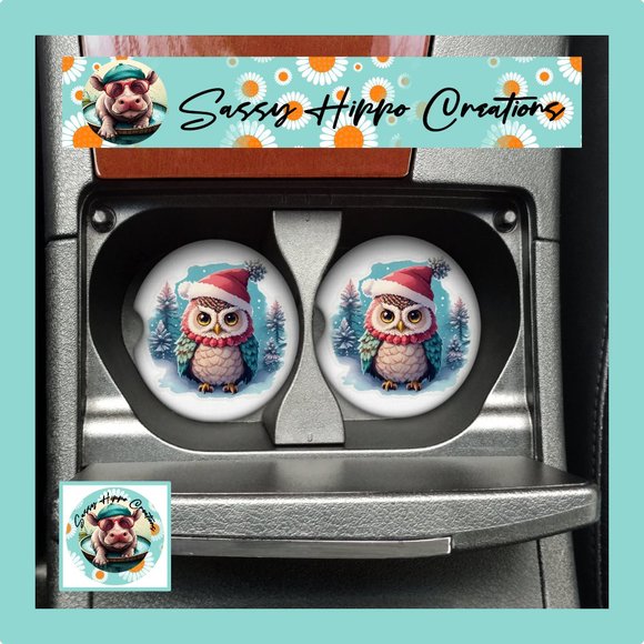 Car Coasters Cute Owl in Hat Christmas Holidays Set of 2 Neoprene Absorbent - Picture 1 of 5